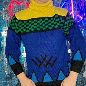 handmade 70s knitted checkerboard turtleneck sweater